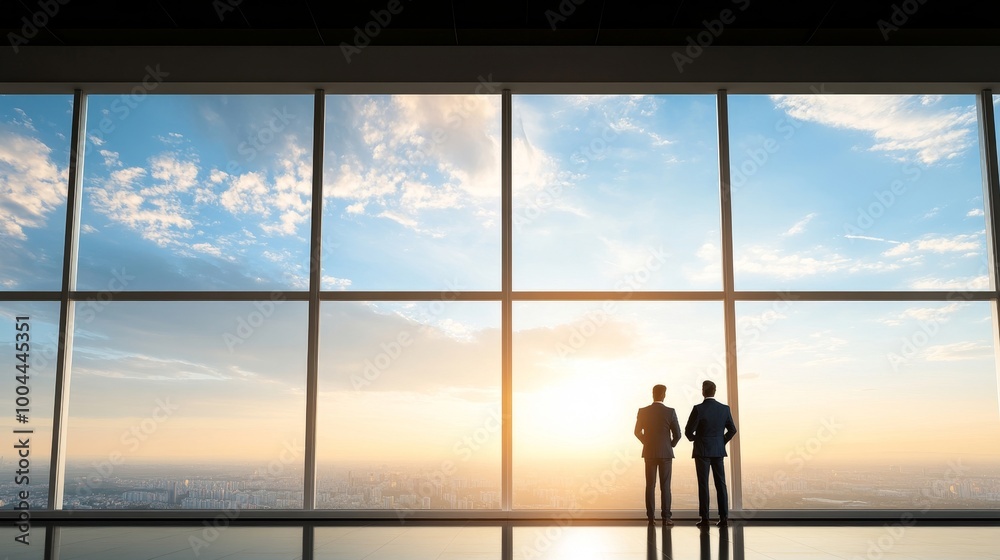 Businessmen Silhouetted Against Sunset Cityscape Businessmen Silhouetted Against Sunset Cityscape