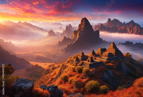 vibrant sunrise illuminating majestic mountain range stunning relics scenic views, landscape, sky, clouds, colors, nature, beauty, golden, light, dawn