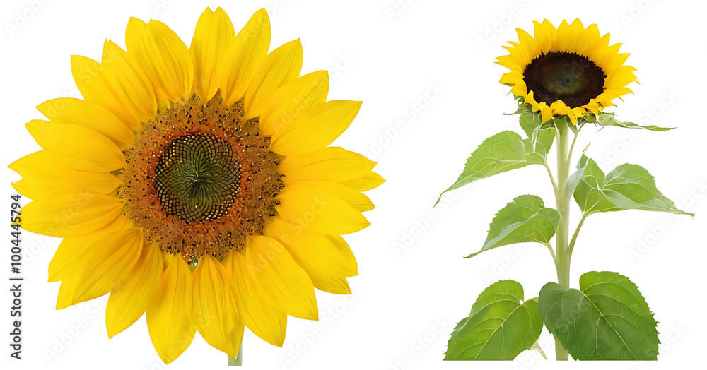 Two sunflowers, one a close-up showcasing the vibrant yellow petals and dark center, and the other a full-stem image with green leaves, highlighting the plant's natural beauty. Ideal for nature, garde Two sunflowers, one a close-up showcasing the vibrant yellow petals and dark center, and the other a full-stem image with green leaves, highlighting the plant's natural beauty. Ideal for nature, garde