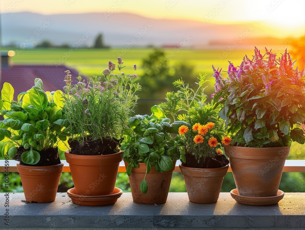 Sun-kissed potted plants lined up on balcony with scenic view distant mountains, pots contain various herbs flowers, creating relaxing and eco-friendly space that uses natural resources for cooling. Sun-kissed potted plants lined up on balcony with scenic view distant mountains, pots contain various herbs flowers, creating relaxing and eco-friendly space that uses natural resources for cooling.