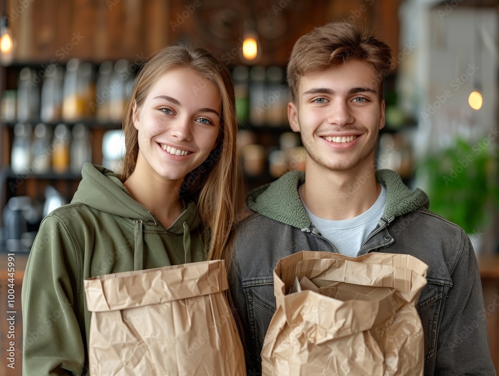 Young couple holding paper bag smiling, both dressed in casual clothing inside cozy setting, they seem happy engaged in eco-friendly activities, likely promoting waste reduction or sustainable living. Young couple holding paper bag smiling, both dressed in casual clothing inside cozy setting, they seem happy engaged in eco-friendly activities, likely promoting waste reduction or sustainable living.