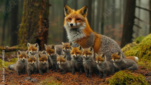 A mother fox surrounded by her playful kits in a lush forest during early spring photo