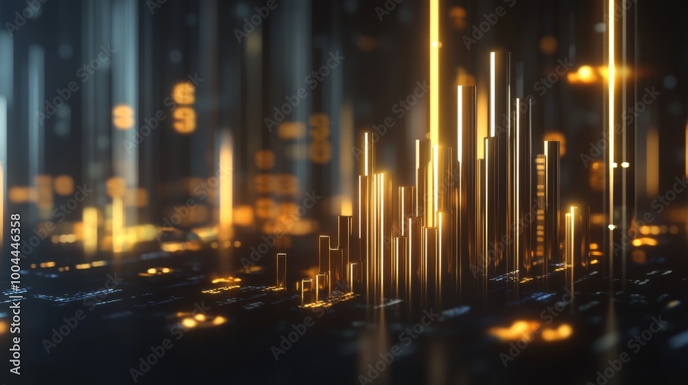 A 3D financial bar graph with gold and silver bars, rising on a dark ...