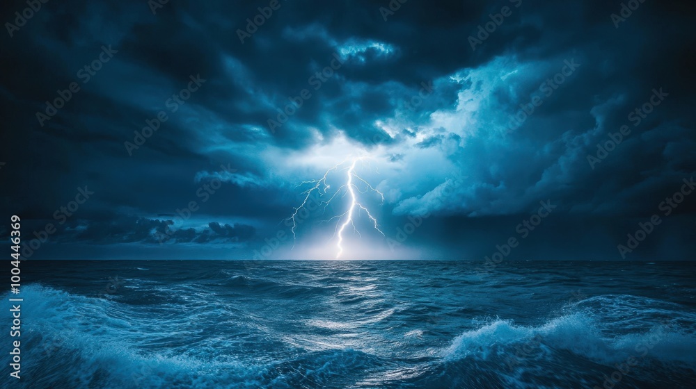 Naklejka premium A powerful lightning bolt strikes the ocean, illuminating the dark waters and turbulent clouds above during a fierce storm. The intense energy showcases nature's raw beauty