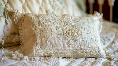 A close up of a plush pillow with delicate embroidery on bedspread