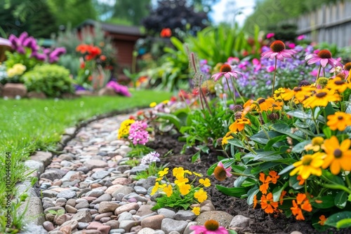 Wallpaper Mural Colorful garden path bordered with blooming flowers various colors, surrounded by lush greenery, vibrant floral display creates lively, inviting outdoor space filled with nature's beauty. Torontodigital.ca