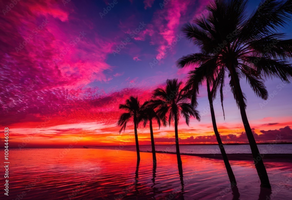 majestic beach sunset displaying vibrant red colors reflected tranquil water silhouetted palm trees, orange, pink, sky, clouds, reflection, light, nature majestic beach sunset displaying vibrant red colors reflected tranquil water silhouetted palm trees, orange, pink, sky, clouds, reflection, light, nature