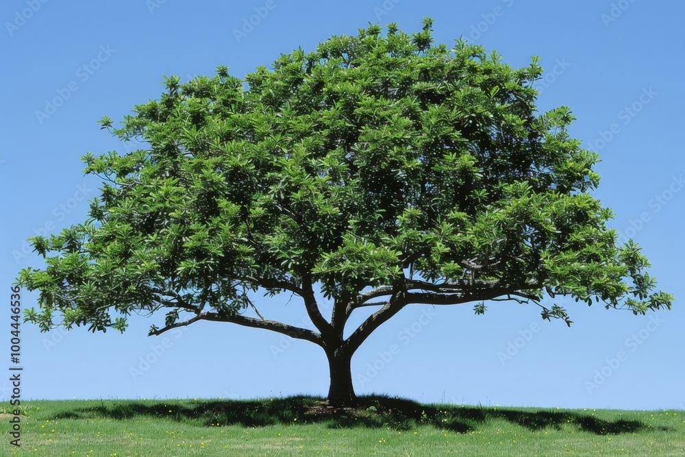 Large, leafy tree stands alone in the middle grassy field under clear blue sky, natural simplicity and lush green foliage create peaceful and serene atmosphere. Large, leafy tree stands alone in the middle grassy field under clear blue sky, natural simplicity and lush green foliage create peaceful and serene atmosphere.