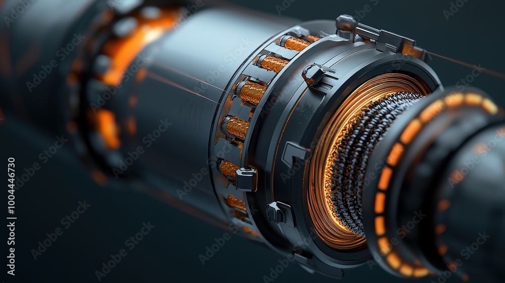Close-up of a futuristic mechanical component with glowing elements.
