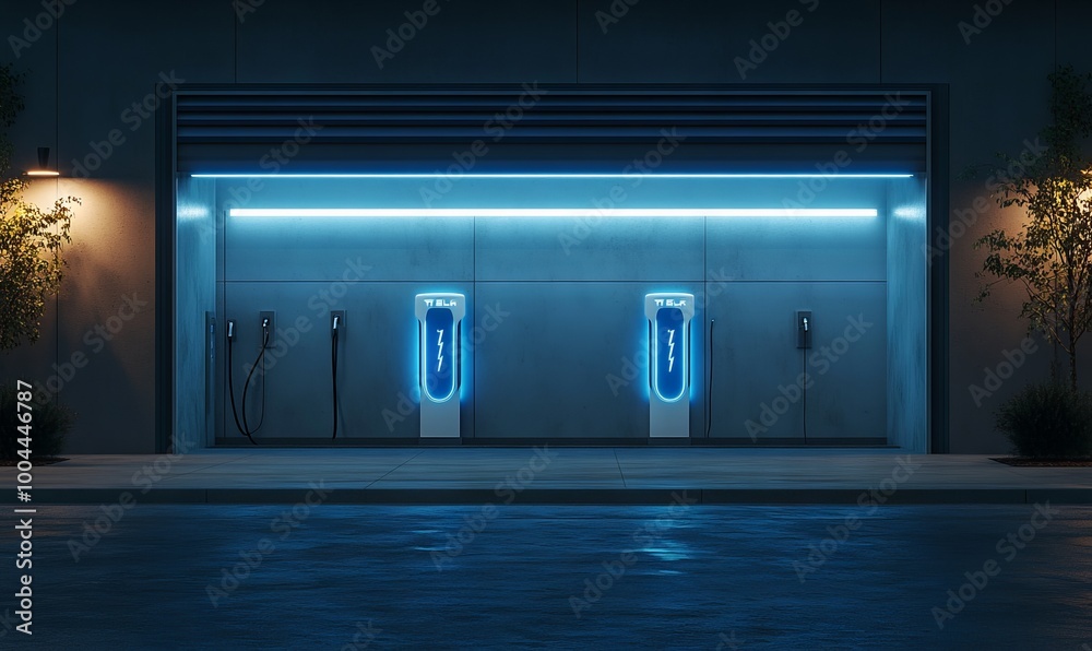 Modern Charging Stations in a Clean Outdoor Garage, AI generated illustration Modern Charging Stations in a Clean Outdoor Garage, AI generated illustration