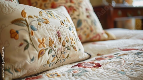 A close up of a plush pillow with delicate embroidery on bedspread photo