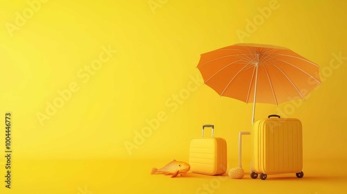 Beach umbrella with beach accessories and luggage on vibrant yellow background. Summer vacation concept.