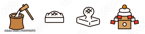 餅のイラスト。餅つきや鏡餅などお正月のベクターアイコン。シンプルなデザイン。
