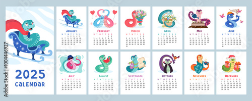 2025 calendar with cute snake vector illustrations for each month. 12 vertical pages with Chinese New Year symbol. Colorful and playful snake characters representing different seasons and holidays.