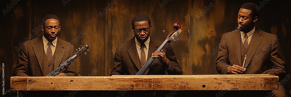 Three men in suits play instruments in a dimly lit room. Three men in suits play instruments in a dimly lit room.