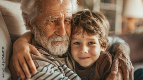 An older man is embracing a young boy affectionately while sitting on a couch. photo