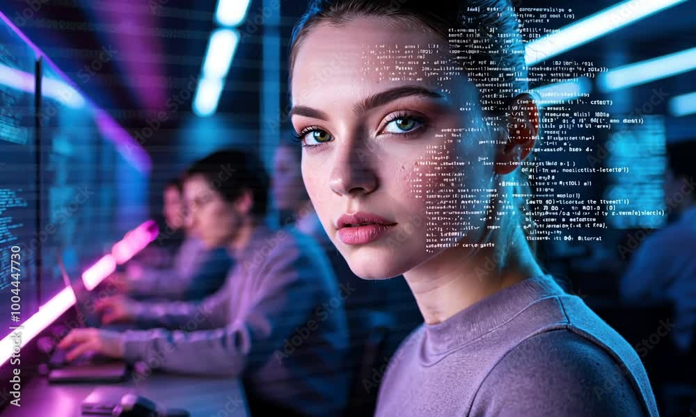 A group of engaged individuals surround glowing screens, immersed in coding. One young woman stands out, showcasing intensity and passion as she tackles intricate programming tasks A group of engaged individuals surround glowing screens, immersed in coding. One young woman stands out, showcasing intensity and passion as she tackles intricate programming tasks