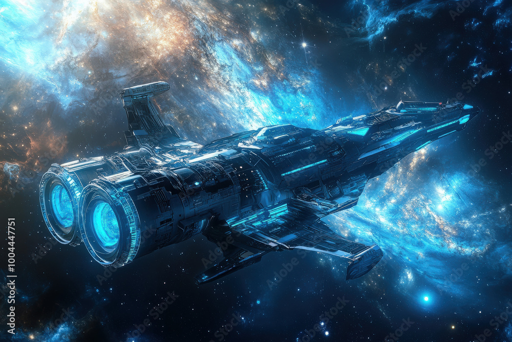 Naklejka premium A sleek spaceship navigates the vibrant colors of an expansive galaxy, showcasing the beauty of cosmic exploration at night. Generative AI