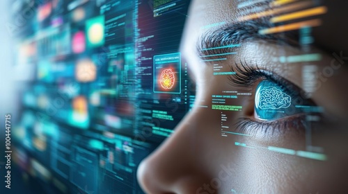 AI-driven neuromarketing screen displaying adaptive ads based on eye-tracking and brain signals, with a sleek, modern tech interface in the background