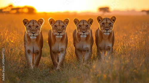 Four lions walking in the golden grasslands during sunset in the African savanna