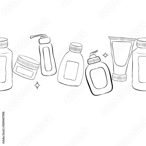 Vector seamless pattern of different outline bottles, tubes, flacons, cosmetic products in doodle style. Texture on theme beauty industry, skin care, hygiene products, toiletries