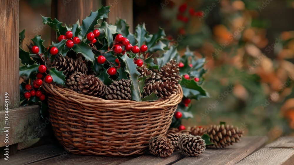 Holly Berries, Pine Cones, and a Wicker Basket
