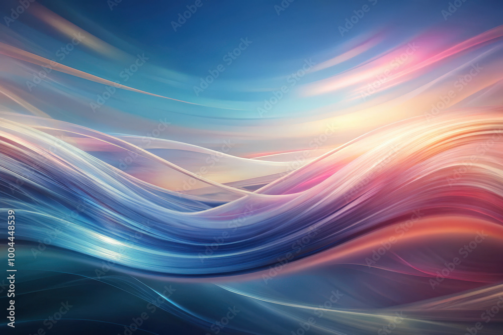 Obraz premium Vibrant waves of color transition in a surreal horizon at dusk, merging shades of blue, pink, and gold in a dynamic display. Generative AI