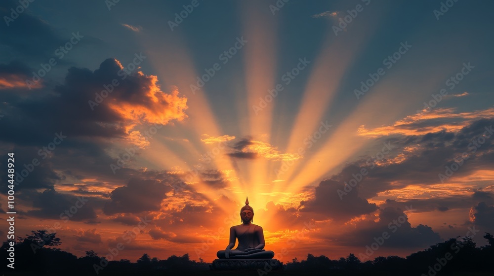 A beautiful silhouette of a Buddha statue at sunrise, with rays of light breaking through the clouds, symbolizing enlightenment and spiritual awakening. A beautiful silhouette of a Buddha statue at sunrise, with rays of light breaking through the clouds, symbolizing enlightenment and spiritual awakening.