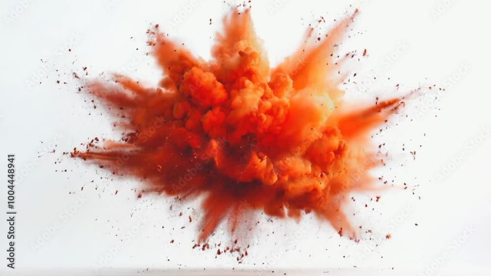 An explosion of orange powder creates a dynamic, artistic visual effect on a white background. An explosion of orange powder creates a dynamic, artistic visual effect on a white background.