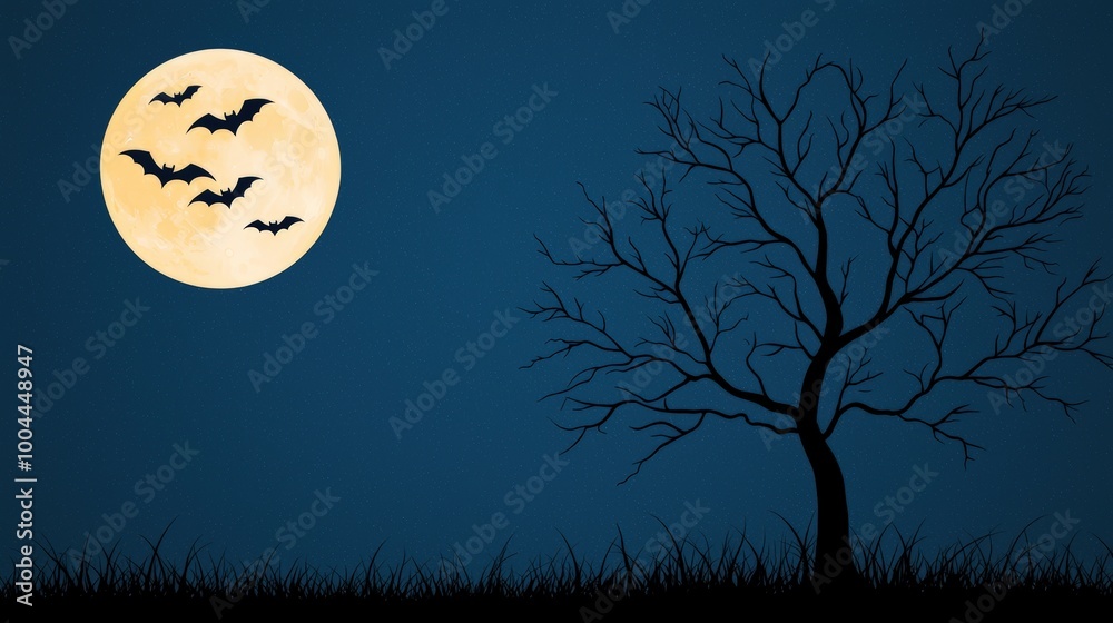 Creepy tree silhouette with bats flying near a full moon against a dark night sky. Creepy tree silhouette with bats flying near a full moon against a dark night sky.