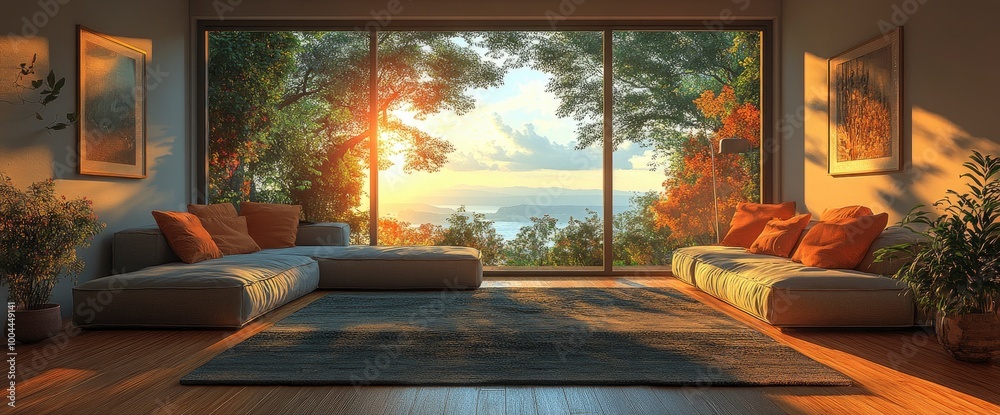Modern living room with large windows overlooking a scenic lake and sunset Modern living room with large windows overlooking a scenic lake and sunset