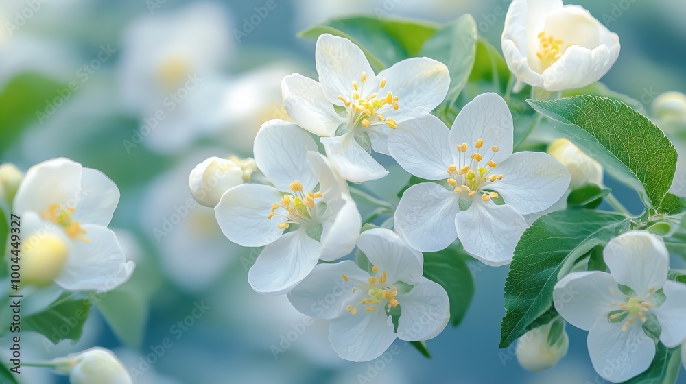 Fototapeta premium Delicate white blossoms and green leaves against a soft, dreamy background in springtime.