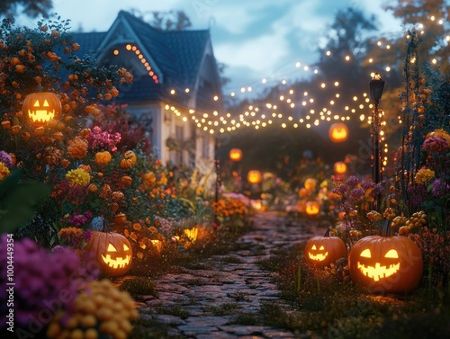 Pathway with pumpkins and flowers photo