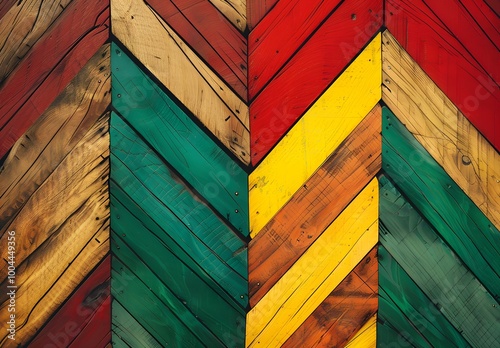Chevron Pattern Wooden Wall with Rastafarian Colors