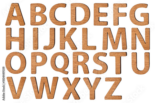 The letters of the English alphabet are cut out of wood using a laser. Cut out background. Isolater. High quality photo png