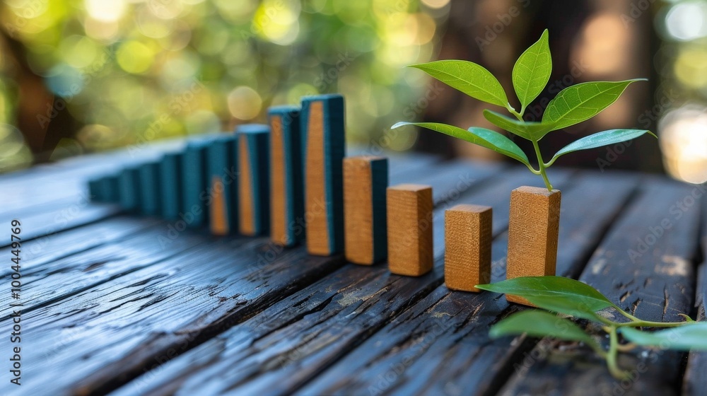 Wooden bar chart with green plant sprout growing, representing eco-friendly business growth, sustainability, environmental progress in a natural setting under soft sunlight. Wooden bar chart with green plant sprout growing, representing eco-friendly business growth, sustainability, environmental progress in a natural setting under soft sunlight.