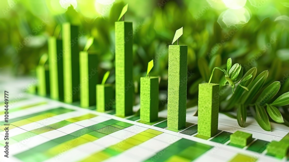 Green bar charts decorated with plant sprouts rising from a financial graph, representing eco-friendly finance, growth, and investment strategies that promote sustainability.