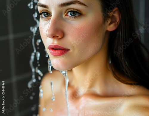 A young Caucasian woman with long dark hair taking a shower, with water droplets on her face and body photo