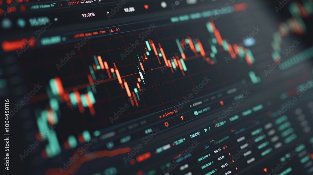 Financial trading platform with red and green candlestick graphs showing market fluctuations. The image reflects active trading, price changes, and financial analysis within a digital interface. Financial trading platform with red and green candlestick graphs showing market fluctuations. The image reflects active trading, price changes, and financial analysis within a digital interface.