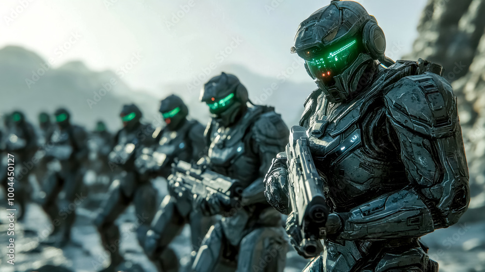 Futuristic soldiers standing with guns in mountainous terrain Futuristic soldiers standing with guns in mountainous terrain