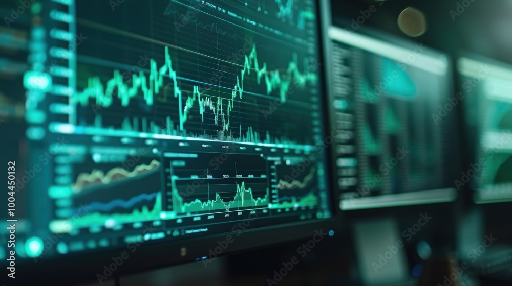 Close-up digital trading screen displaying green financial data graphs charts, high-resolution display real-time stock market trends, investment strategies in fast-paced trading environment. Close-up digital trading screen displaying green financial data graphs charts, high-resolution display real-time stock market trends, investment strategies in fast-paced trading environment.