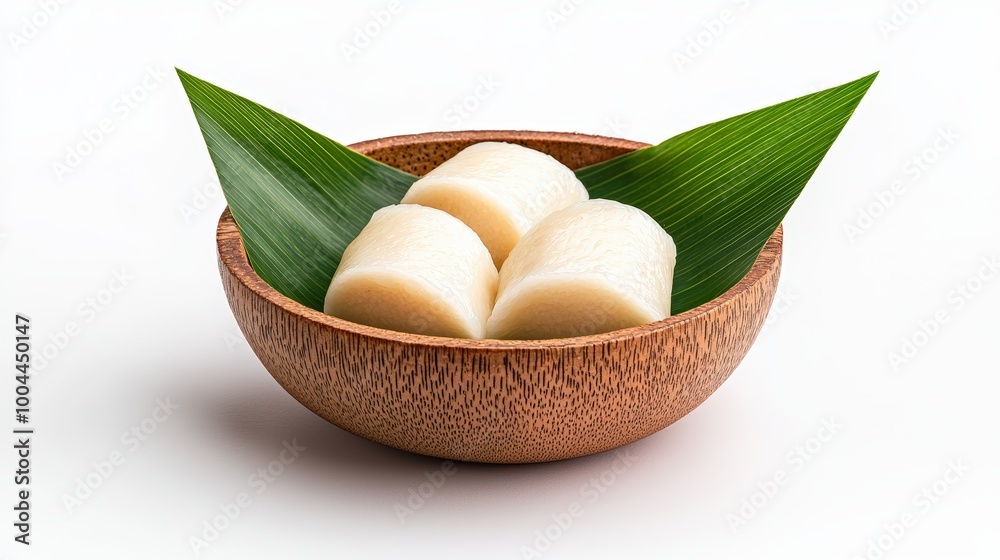 Delicious rice dumplings in a wooden bowl with green leaves, white isolate background. Delicious rice dumplings in a wooden bowl with green leaves, white isolate background.