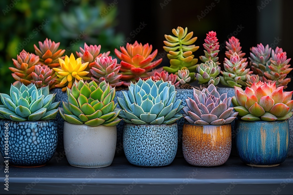 A row of colorful potted plants sit on a table A row of colorful potted plants sit on a table