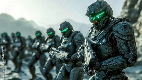 Futuristic soldiers standing with guns in mountainous terrain