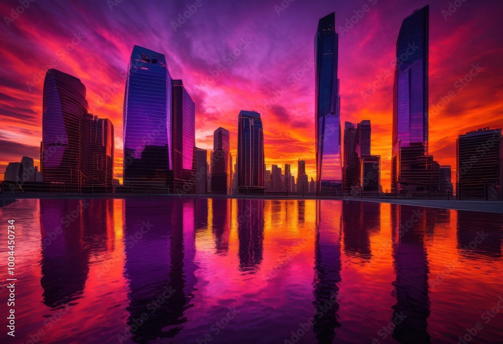 Obraz premium stunning dramatic sunset over contemporary urban landscape featuring vibrant colors unique design elements that inspire innovation architecture, cityscape