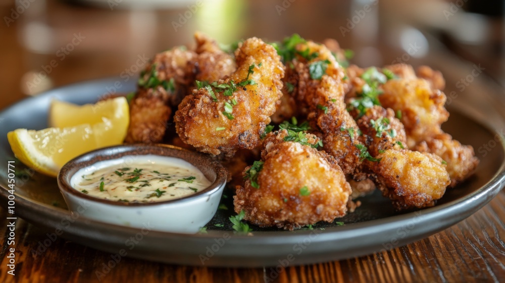 A beautifully arranged plate of crispy karaage, showcasing golden-brown chicken pieces garnished with fresh parsley and lemon wedges, served with a side of dipping sauce on a wooden table A beautifully arranged plate of crispy karaage, showcasing golden-brown chicken pieces garnished with fresh parsley and lemon wedges, served with a side of dipping sauce on a wooden table