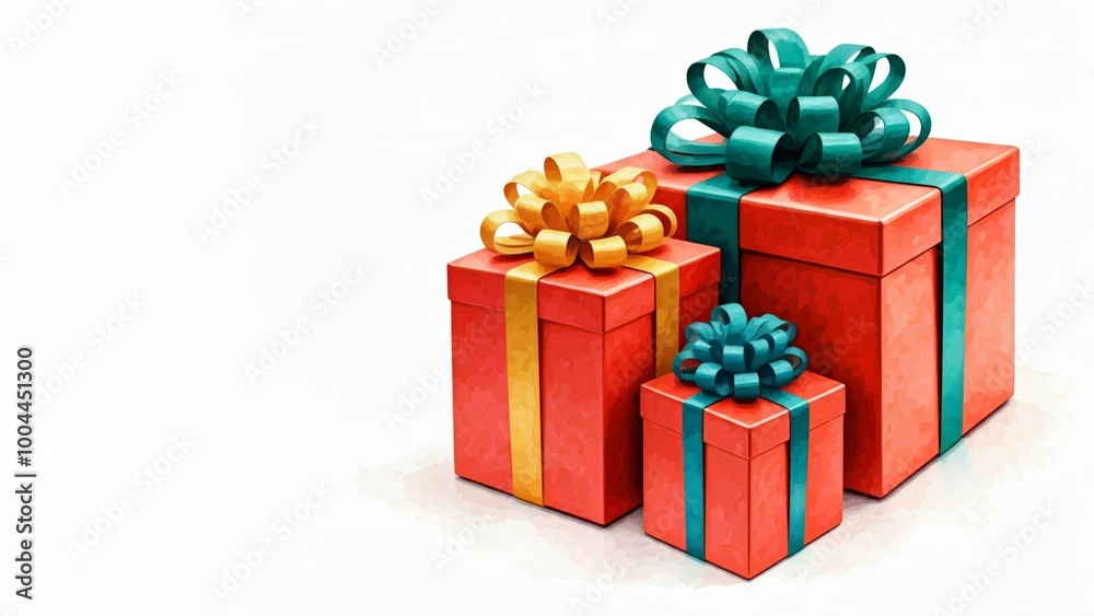 Rot verpackte Geschenke mit goldenen und blauen Schleifen auf weißem Hintergrund. Passt perfekt zu festlichen Anlässen und für die Weihnachtskarte, Platz für Text, generative KI Rot verpackte Geschenke mit goldenen und blauen Schleifen auf weißem Hintergrund. Passt perfekt zu festlichen Anlässen und für die Weihnachtskarte, Platz für Text, generative KI
