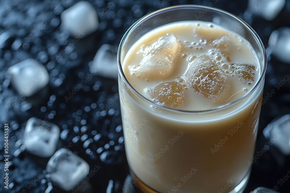 A glass of milk with ice cubes in it A glass of milk with ice cubes in it