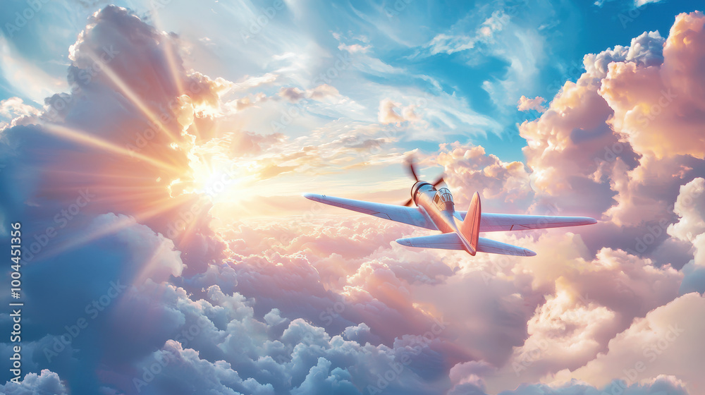 Naklejka premium vintage World War II fighter plane soaring through vibrant clouds at sunset, capturing beauty of flight and thrill of adventure