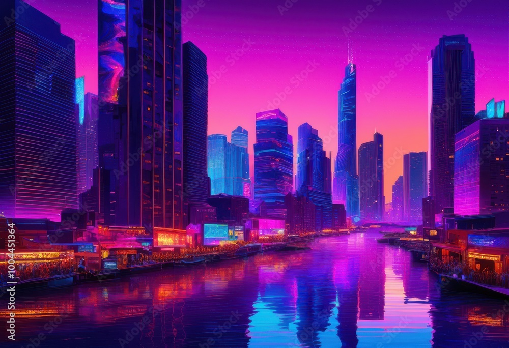 Obraz premium dynamic cityscapes twilight featuring vibrant neon lights illuminating skyscrapers urban landscapes, skyline, architecture, night, glow, exterior, street